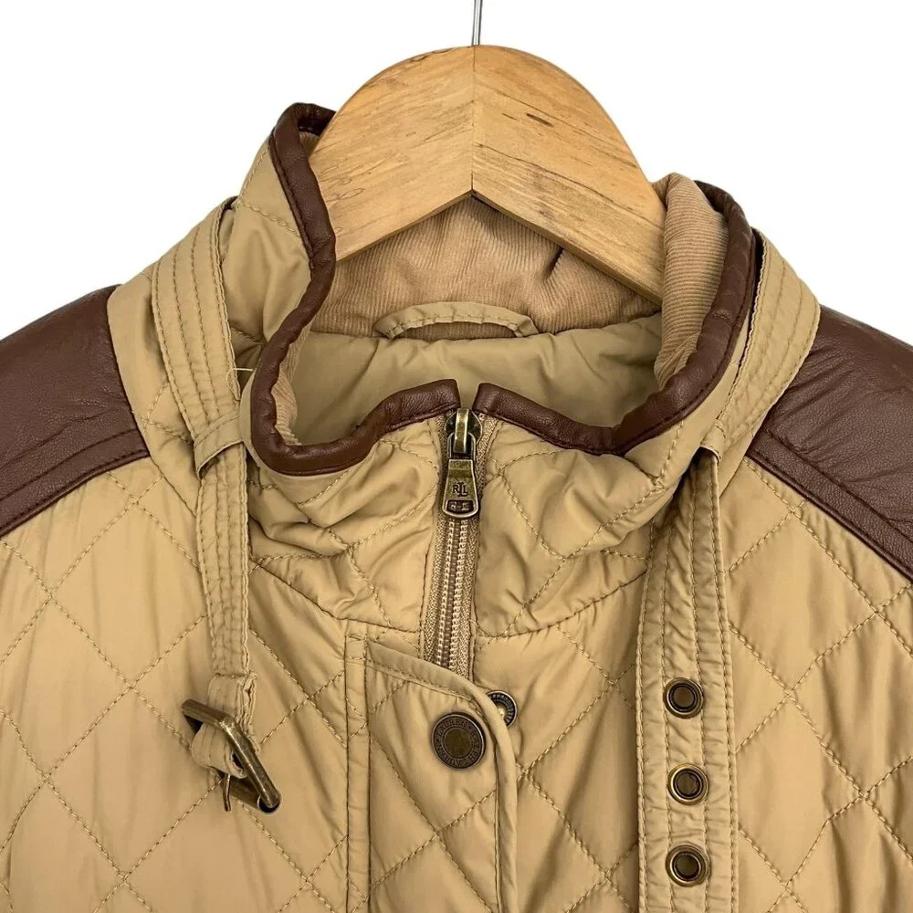 Ralph Lauren Diamond Quilted Barn Jacket Womens L Faux Leather Trim Birch Tan - Picture 7 of 16
